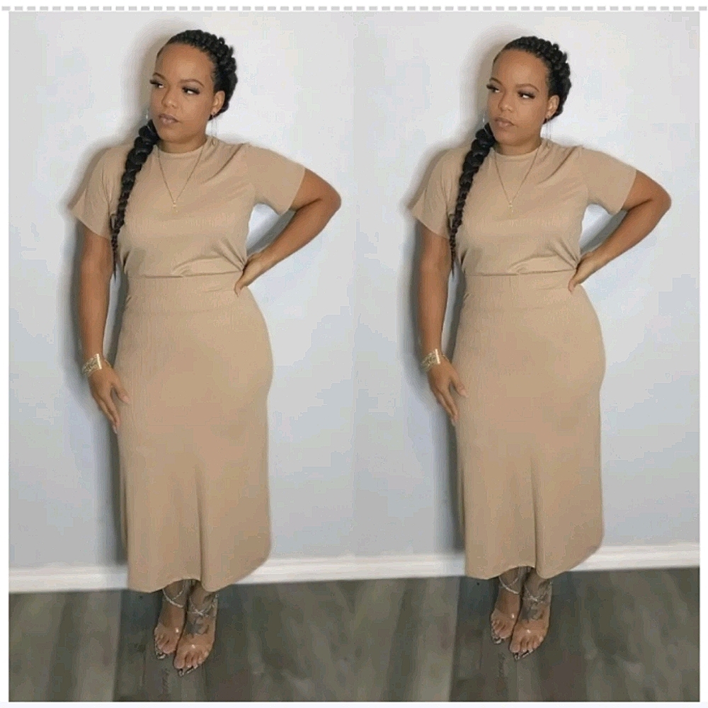 Latte ribbed skirt set